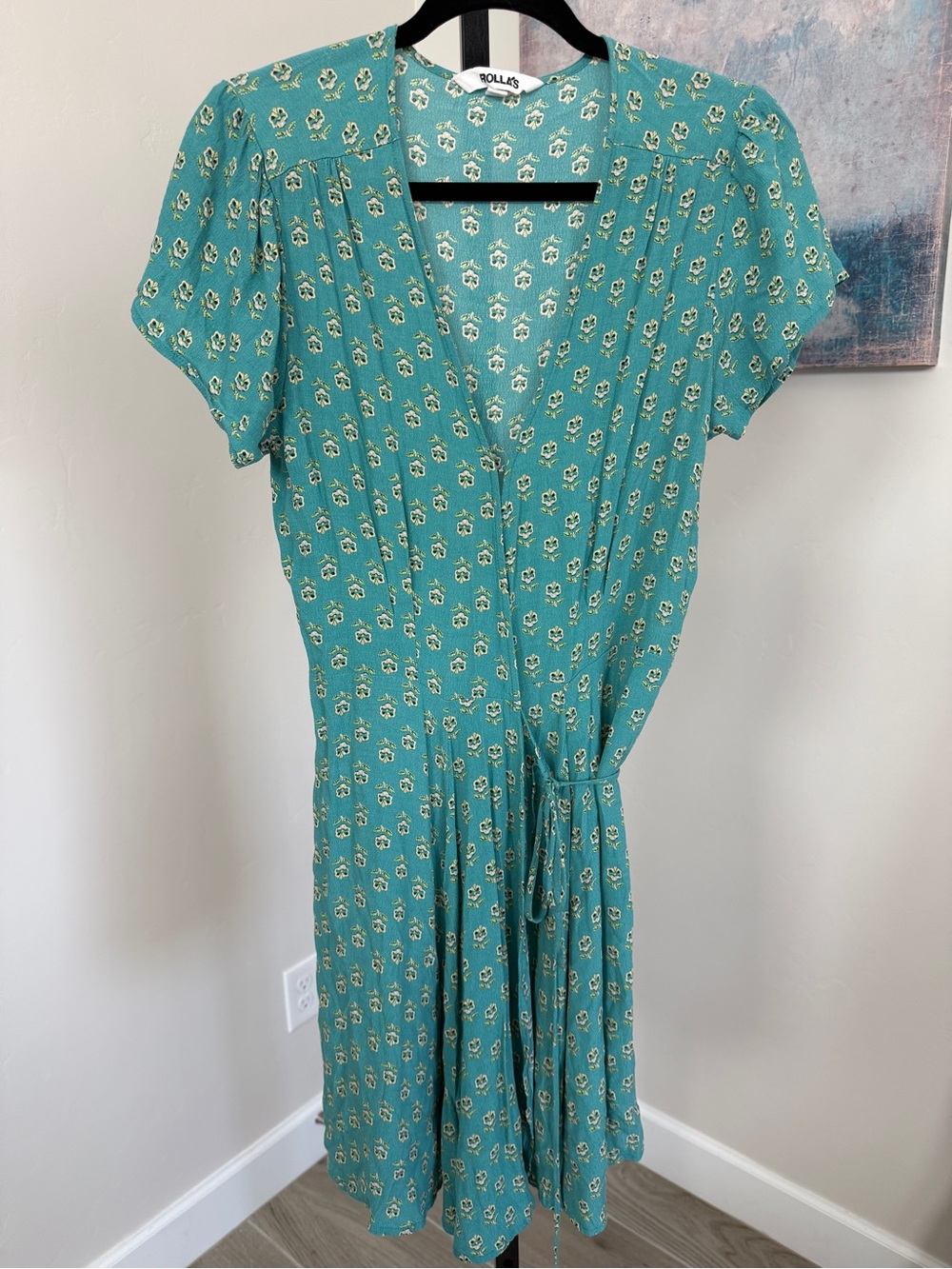 Rollas Cleo Emmylou Womens L 12 Teal Floral Wrap Mini Dress V Neck Feminine